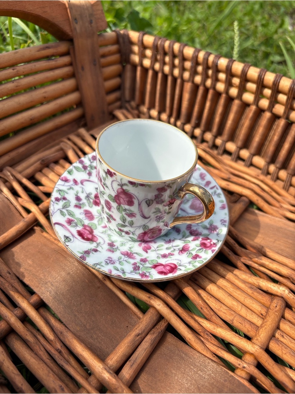 Floral Porcelain Espresso Cup & Saucer with Gold Trim - Pink Floral